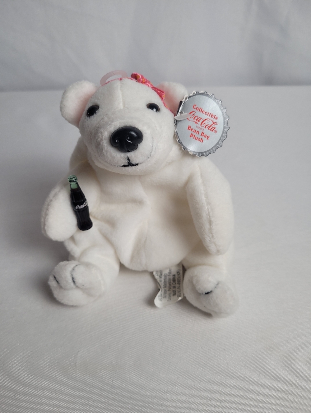 Coca Cola 1997 Collectible Bean Bag Plush Girl Polar Bear Pink Bow Soda Bottle